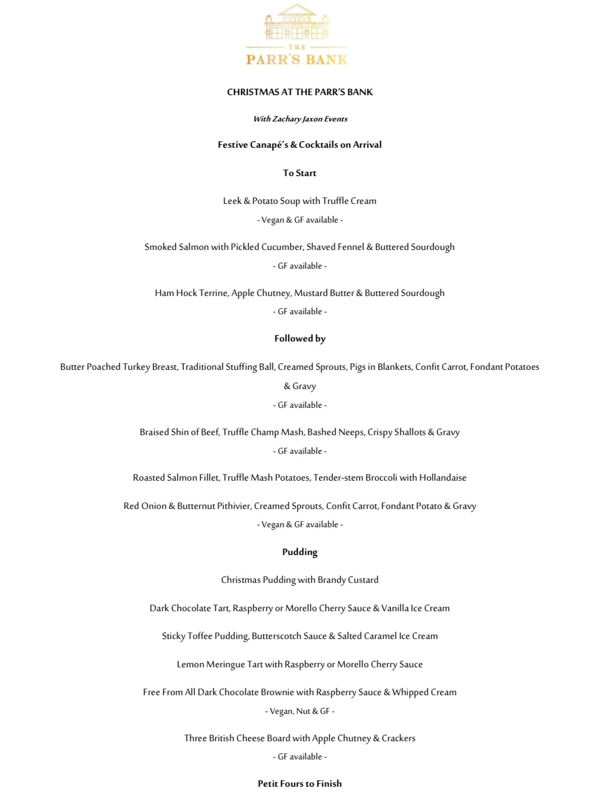 Christmas Menu at Parr's Bank